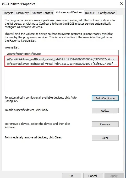 iscsi initiator volume and devices hyper-v cluste