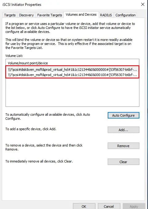 iscsi initiator volume and devices hyper-v cluster