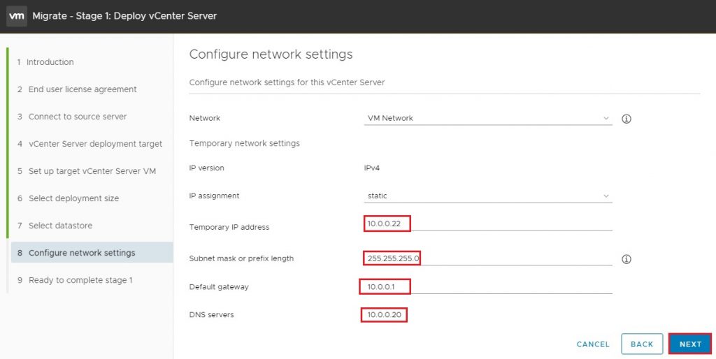 migrate deploy vcenter network settings