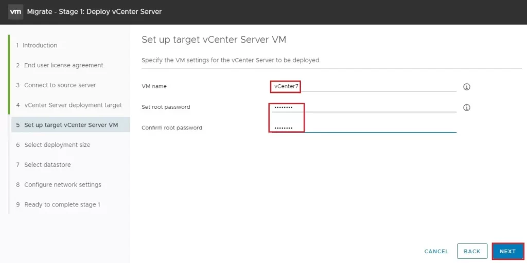 migrate setup target vcenter