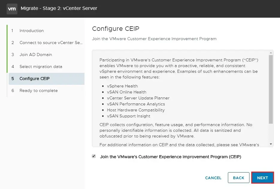 migrate vCenter Server configure ceip