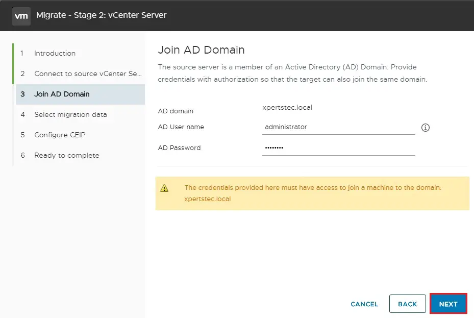 migrate vCenter Server join ad domain