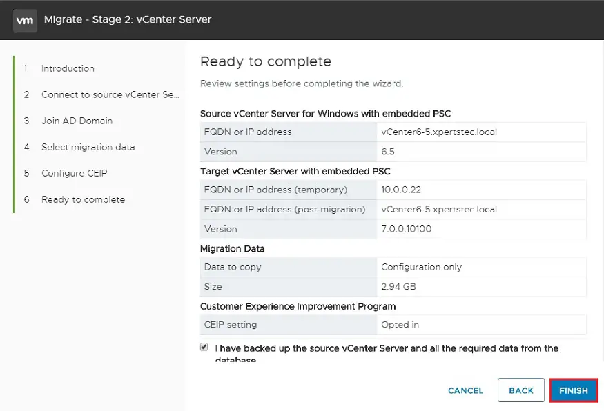 migrate vCenter Server ready to complete