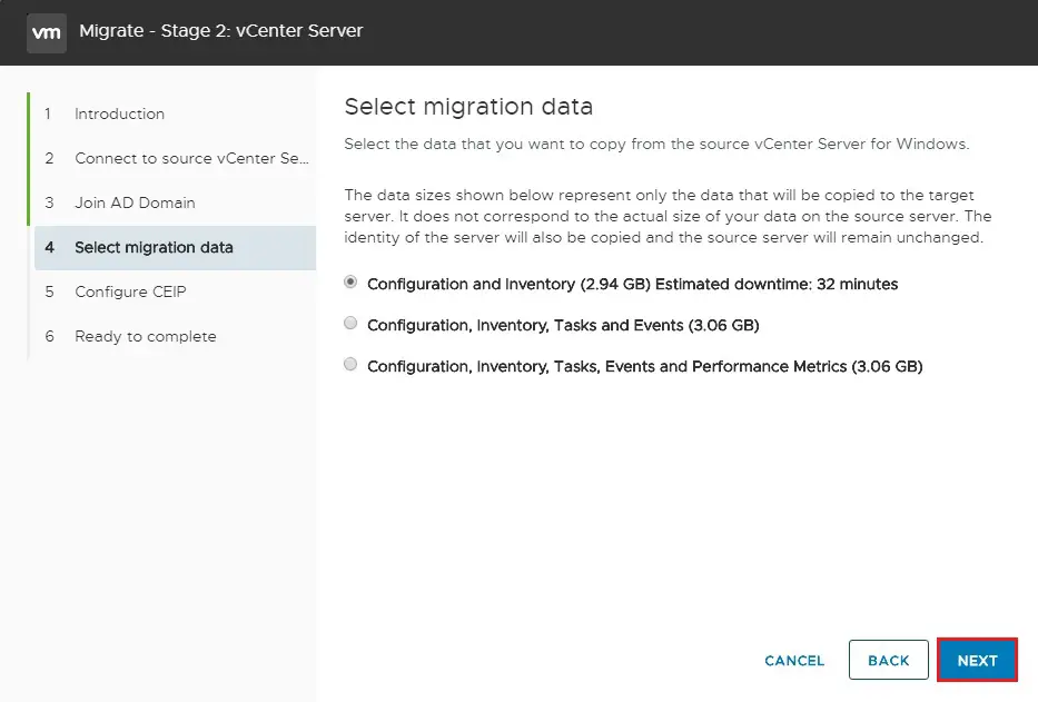 migrate vCenter Server select migration data