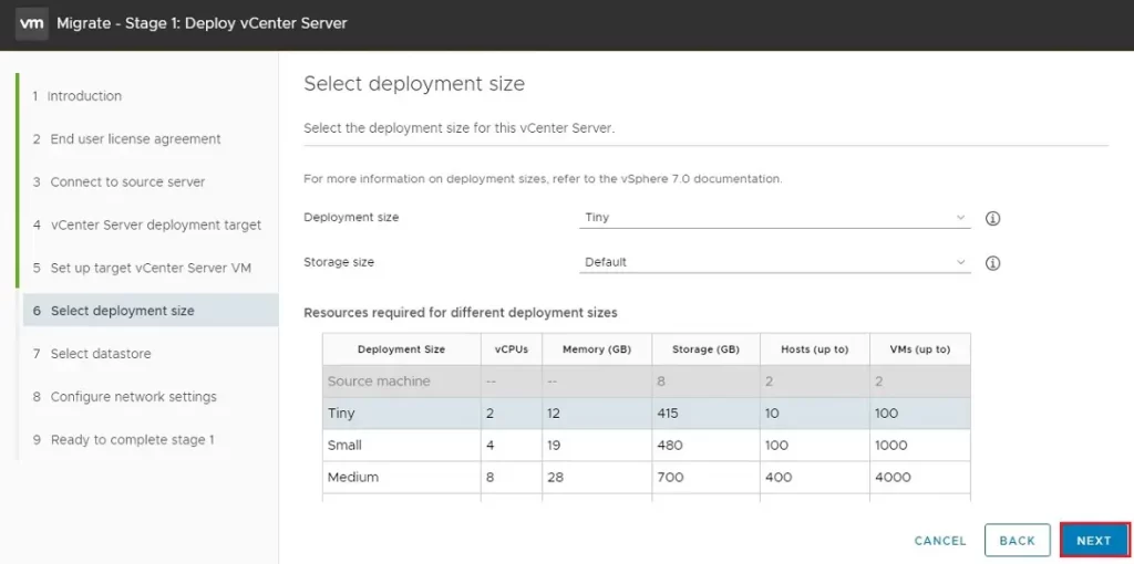 migrate vcenter deployment size