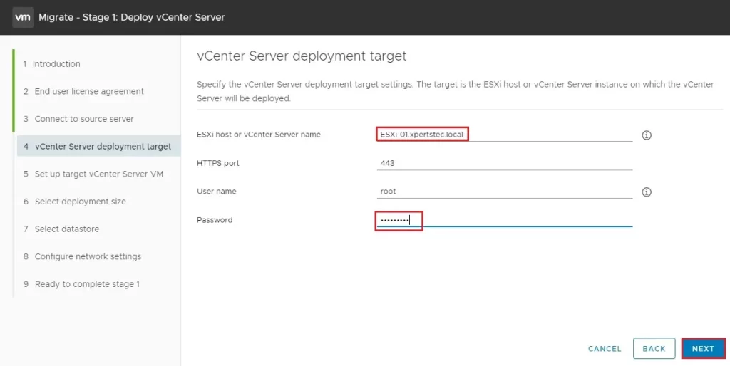 migrate vcenter deployment target