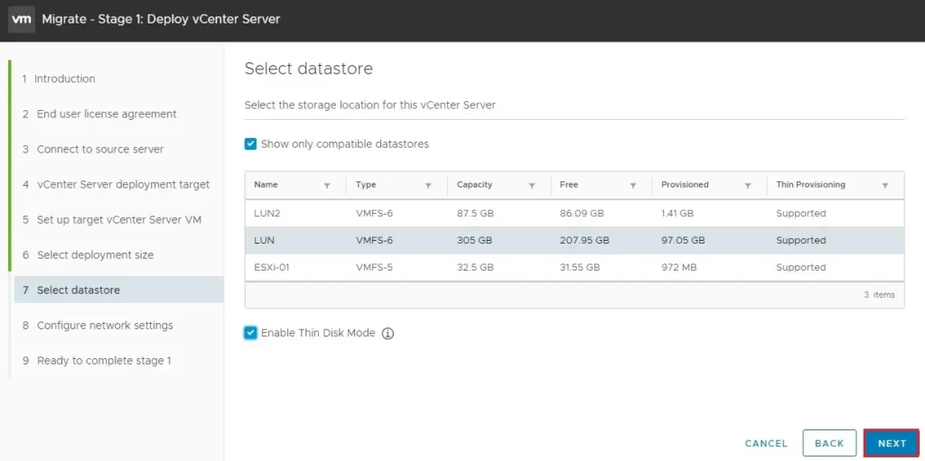 migrate vcenter select database