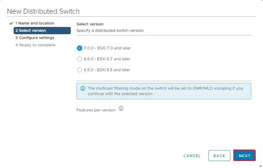 new distributed switch select version