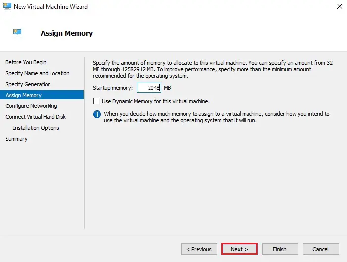 new virtual machine assign memory