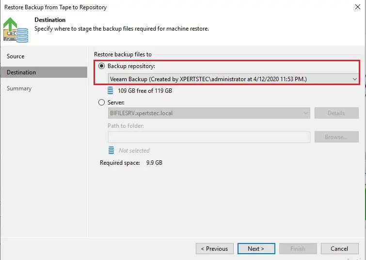 restore backup from tape to repository