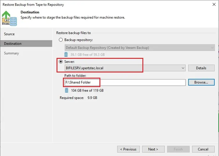 restore backup from tape to repository destination