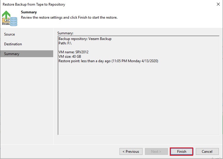 restore backup from tape to repository summary