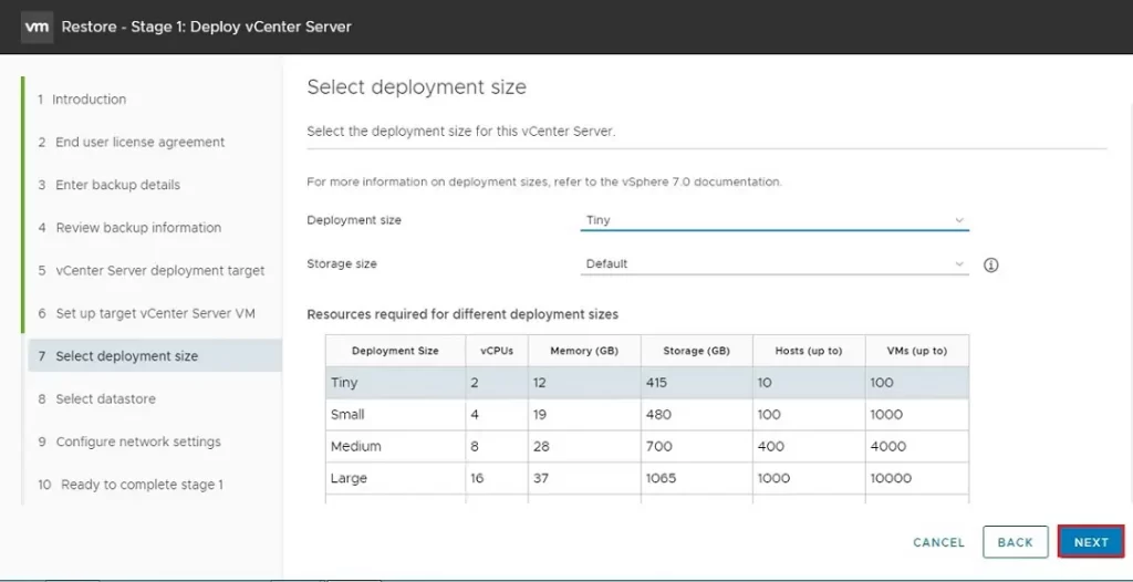 restore vcenter deployment size