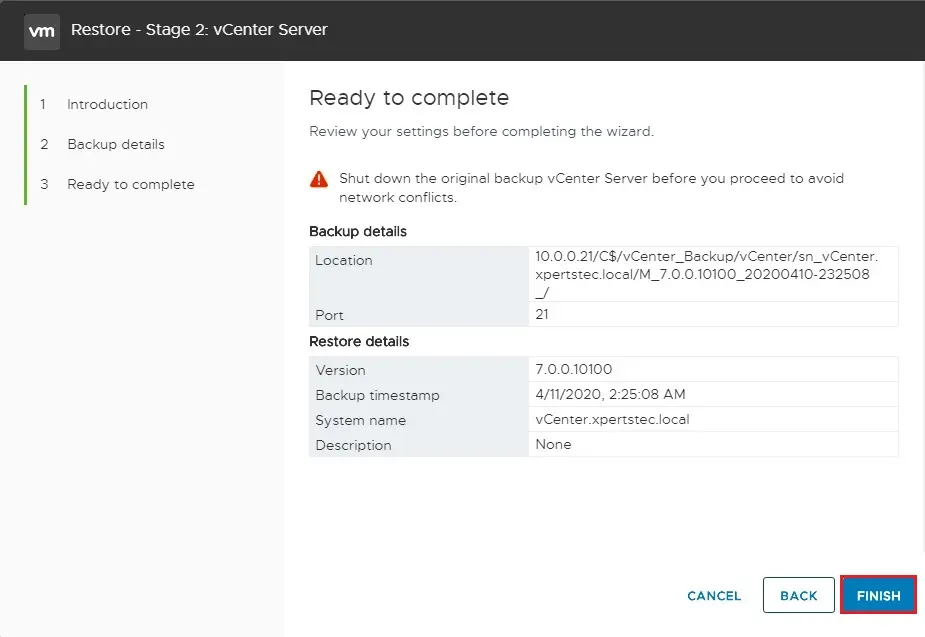 restore vcenter server ready to complete