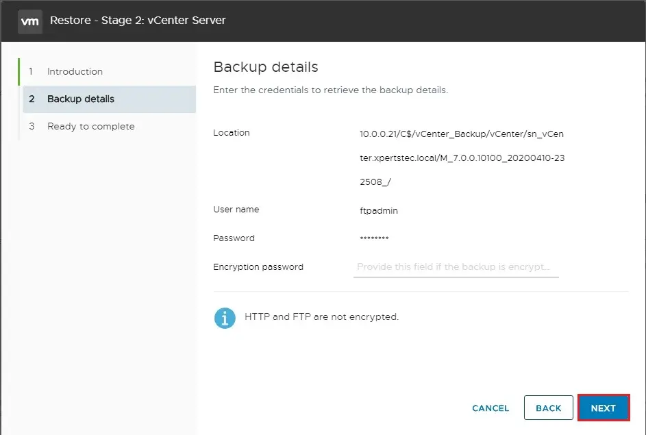 restore vcsa backup details