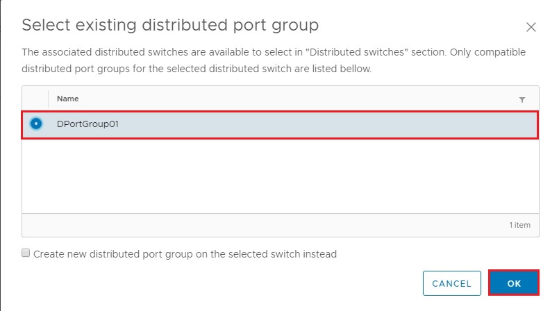 select existing distributed port group