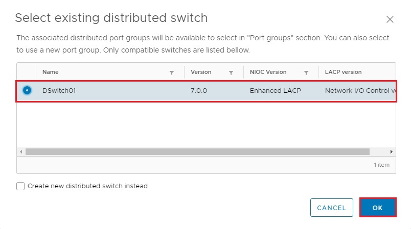 select existing distributed switches