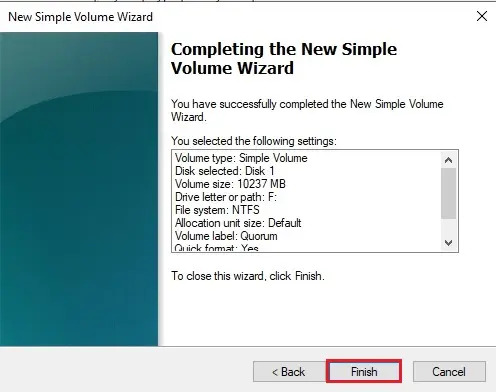 simple volume wizard finish