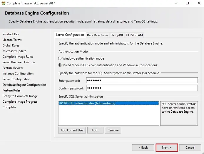 sql server database engine configuration