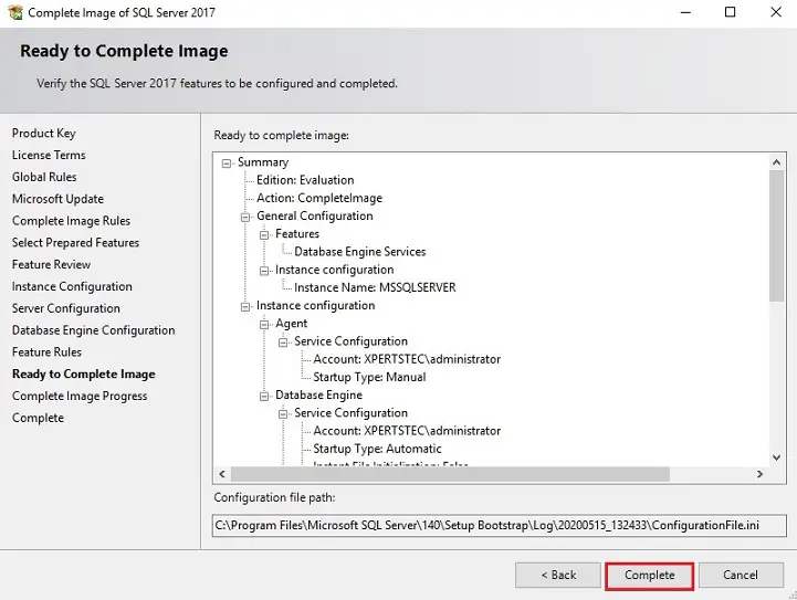 sql server ready to complete image