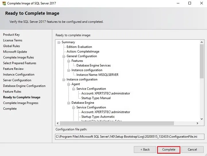 sql server ready to complete image