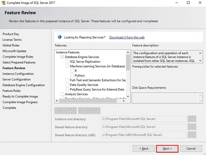 sql server select instance features