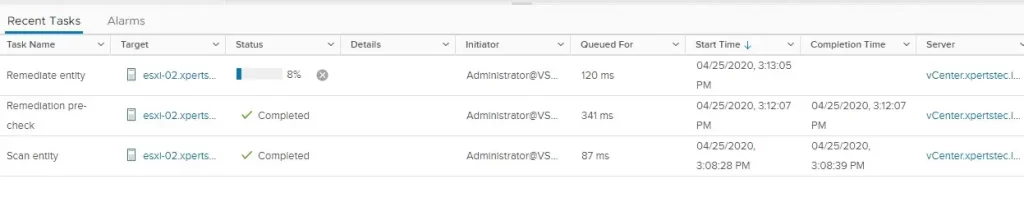 upgrade esxi vcenter recent tasks