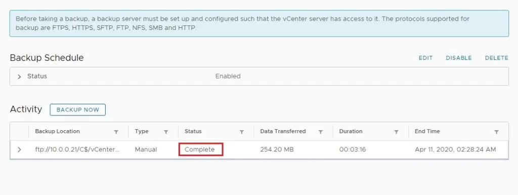 vcenter backup schedule