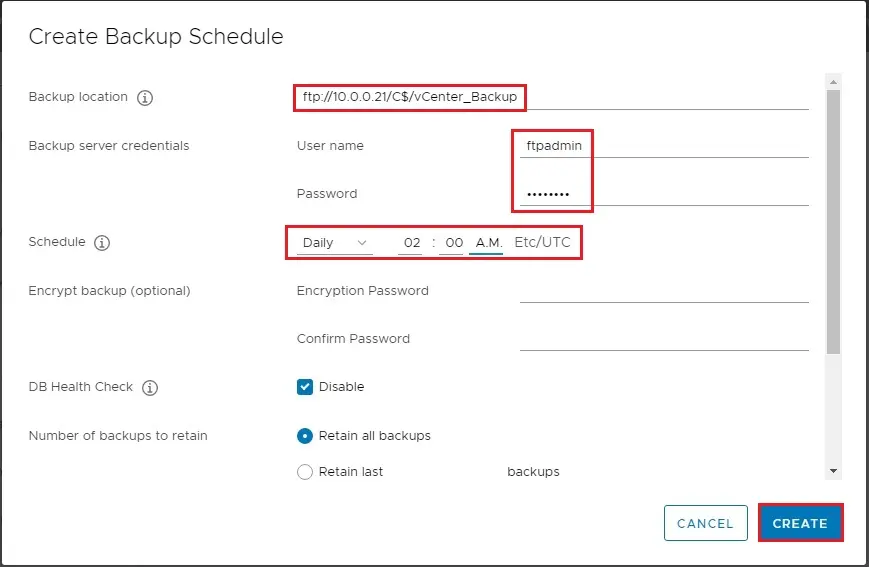 vcenter create backup schedule