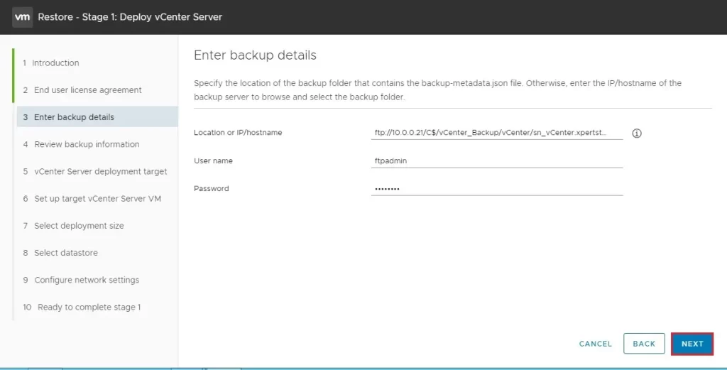 vcenter enter backup details