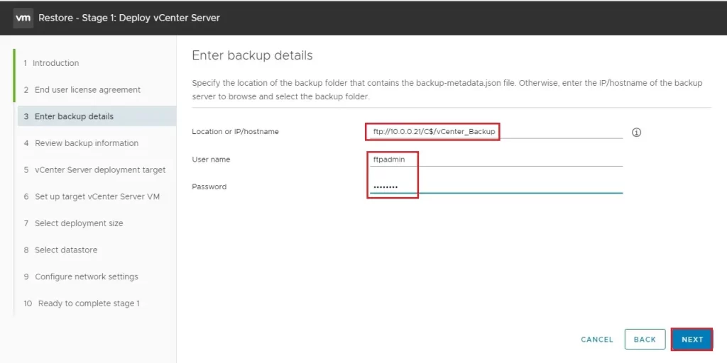 vcenter enter backup details