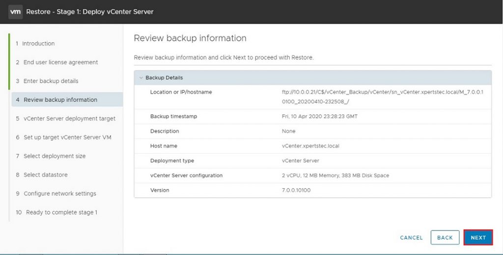 vcenter review backup information