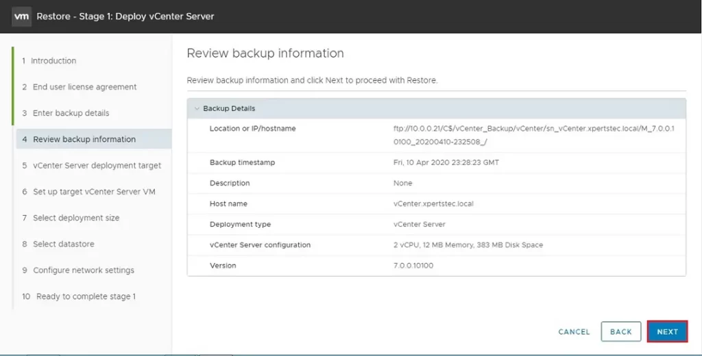 vcenter review backup information