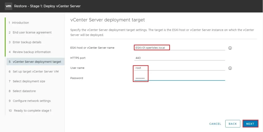 vcenter server deployment target