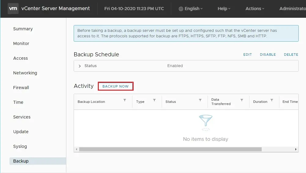 vcenter server management backup