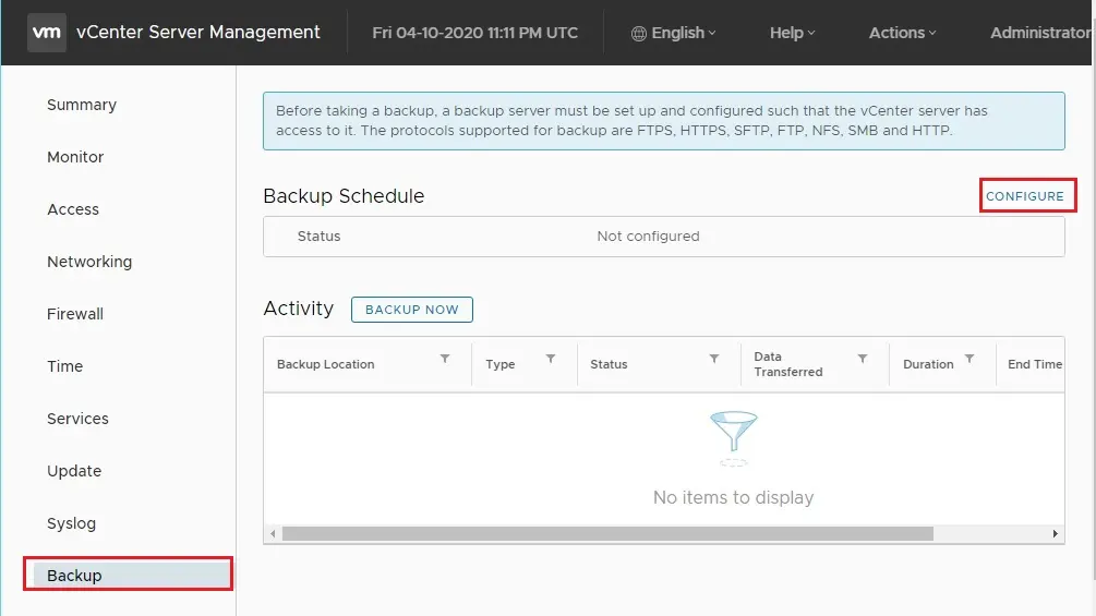 vcenter server management backup