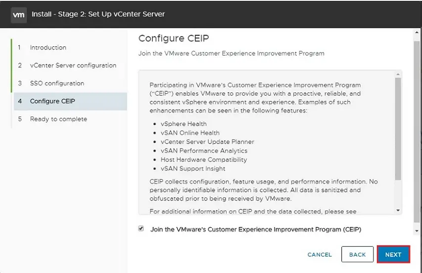 vcsa configuration ceip