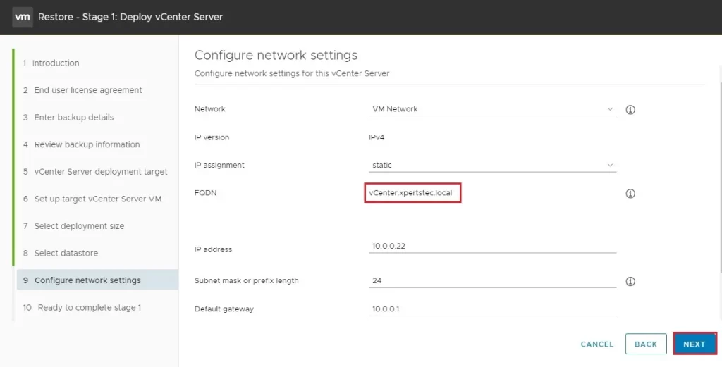 vcsa configure network settings