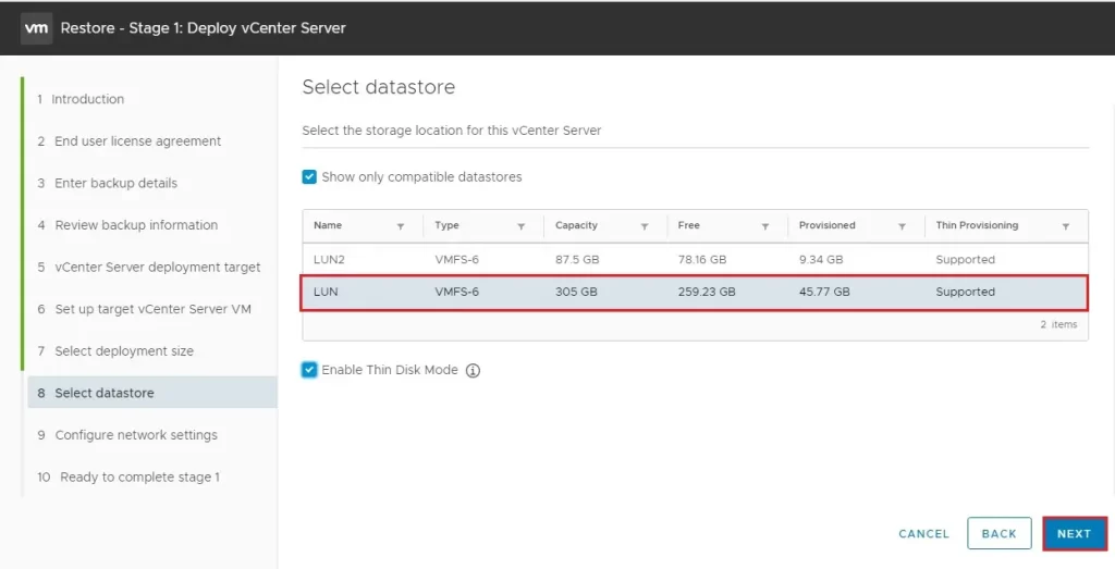 vcsa restore select database