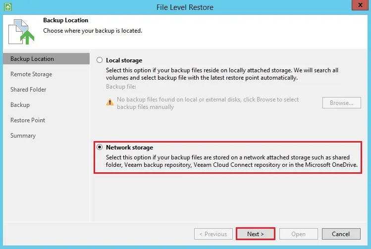 veeam agent file level restore location