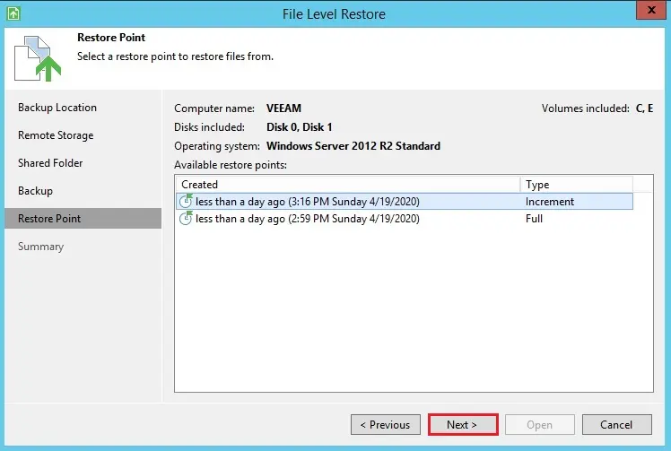 veeam file level restore point