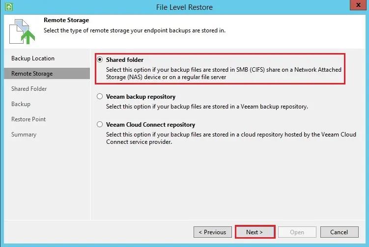 veeam file level restore remote storage