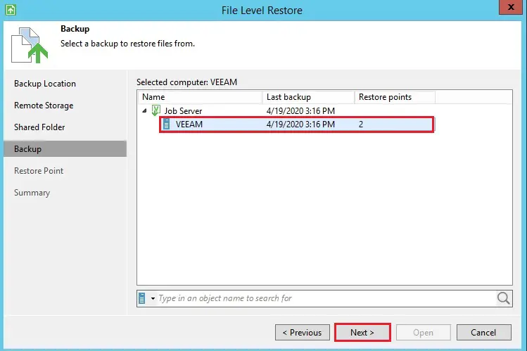 veeam file level restore select backup