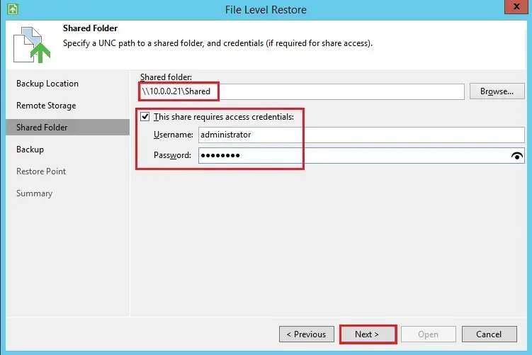 veeam file level restore shared folder