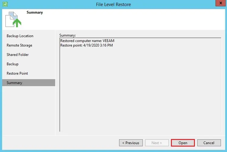 veeam file level restore summary