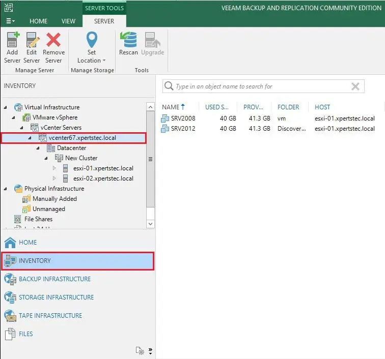 veeam inventory vmware vcenter