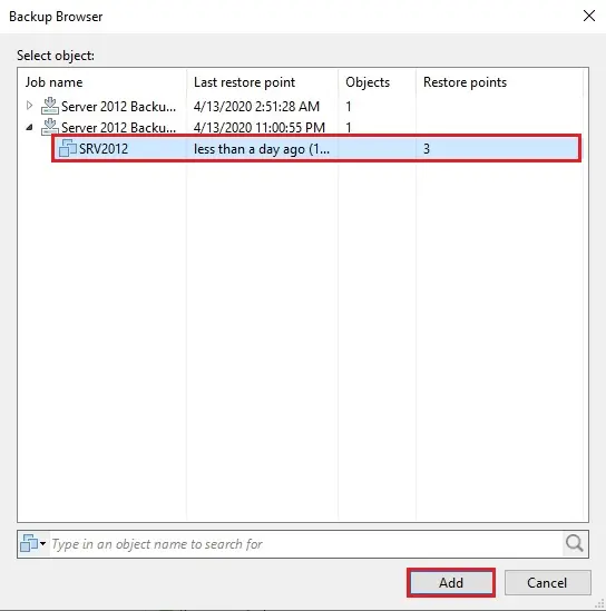 veeam restore backup browser object