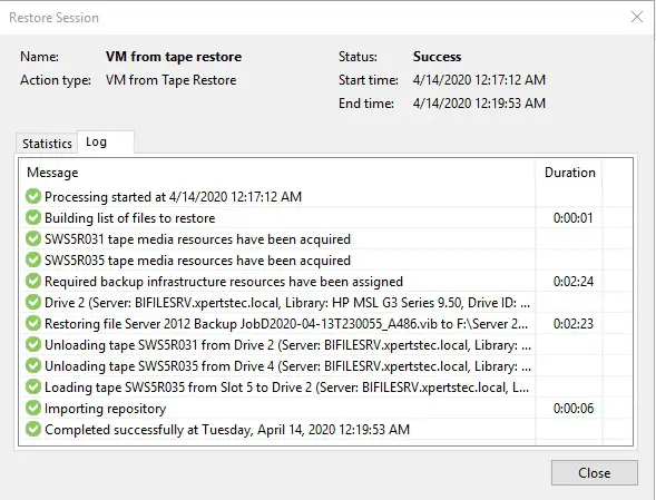 veeam restore from tape progress