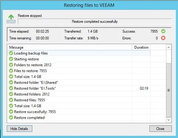 veeam restoring complete successfully