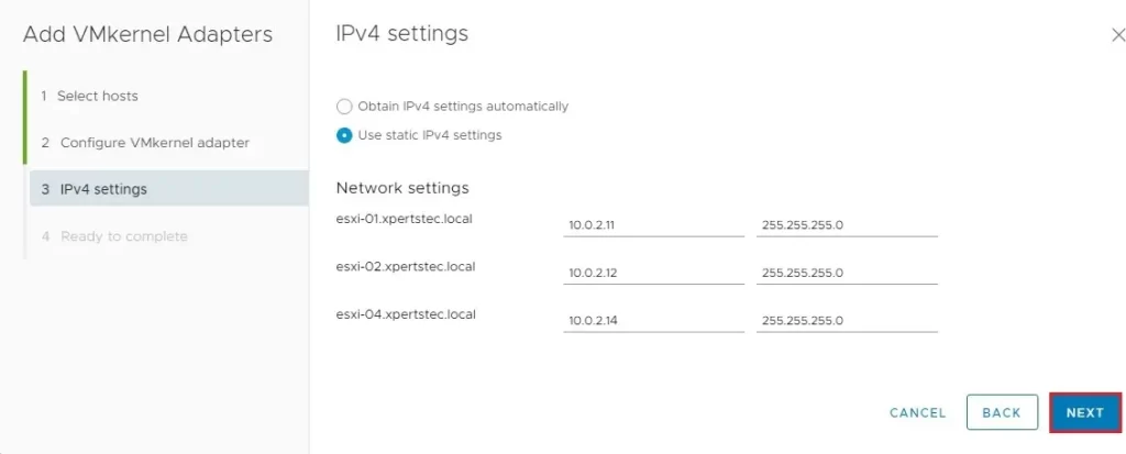 vmkernel adapter ipv4 settings